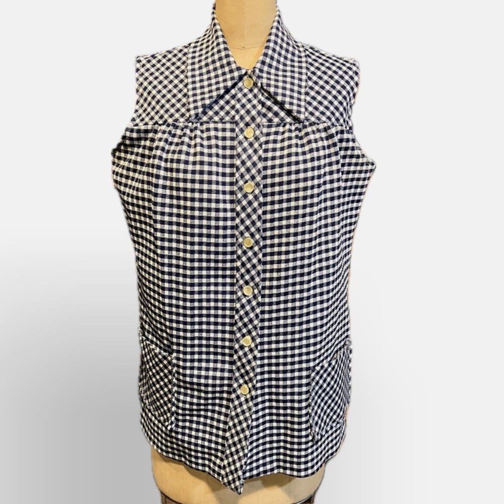 VINTAGE 70s sleeveless button down‎ blue white picnic  gingham dagger collar
